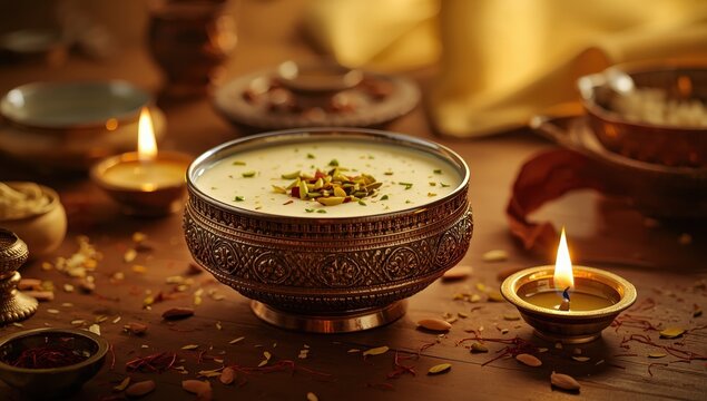 Rice Kheer, Firni, or Chawal ki Khir is a dessert from India made by simmering milk, sugar, and rice, typically served in a bowl.