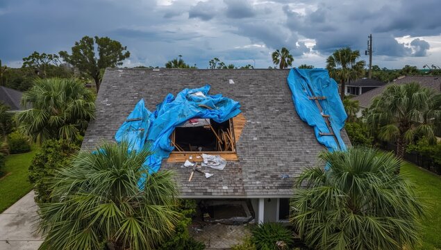 Bird's-eye view of a damaged roof covered with tarps to prevent rain leaks until new shingles are installed, following hurricane Ian in Florida.