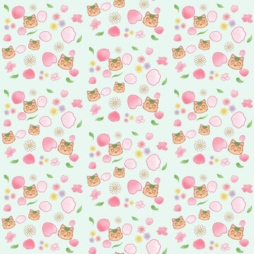 Cute orange cat spring seamless pattern with peach blossom petals