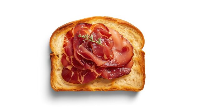 A top view of a toast slice with thin dry-cured smoked Coppa or ham, set against a white backdrop.