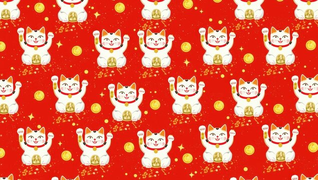 Continuous design of beckoning cats on a crimson backdrop. The fortunate feline has its right paw lifted.