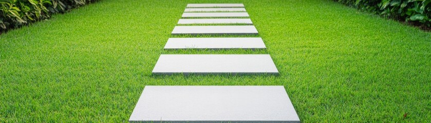 Fototapeta premium Panoramic view of a vibrant green lawn with clean, rectangular white stepping stones forming a pathway, symbolizing a clear and serene journey forward in modern landscaping. ,garden
