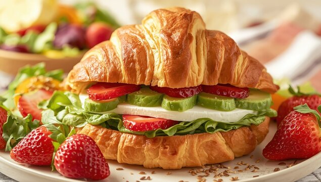 Avocado and strawberry croissant sandwich with brie, fresh salad topped with sesame and cumin, tasty breakfast or snack, vegan keto option.