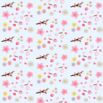 Spring floral seamless pattern with Sakura cherry blossom and daisy