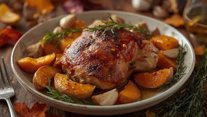 Fototapeta premium Oven-cooked chicken thigh with pumpkin and potato wedges, garlic, and herbs. Delicious fall comfort dish, perfect for Thanksgiving family meals.