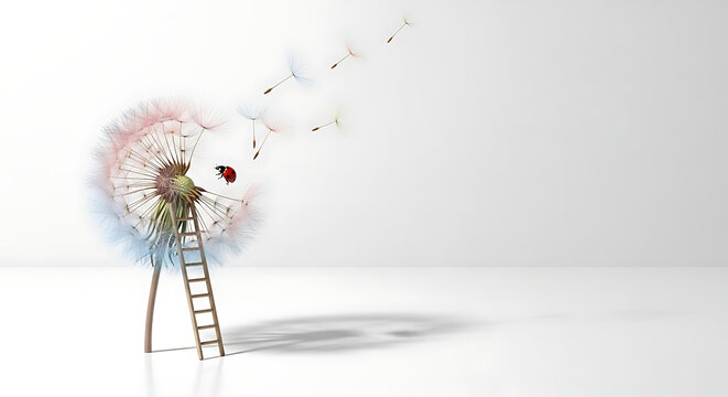 A ladybug climbs a small wooden ladder on a dandelion flower isolated on a transparent background