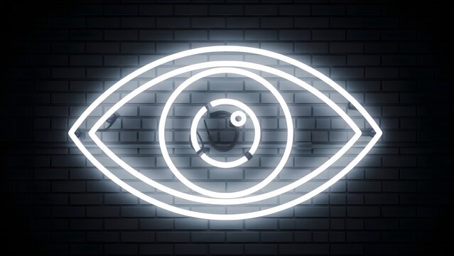 Neon eye icon in outline representing vision surveillance observation