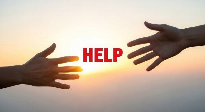 Hands reaching out for help with sunset background