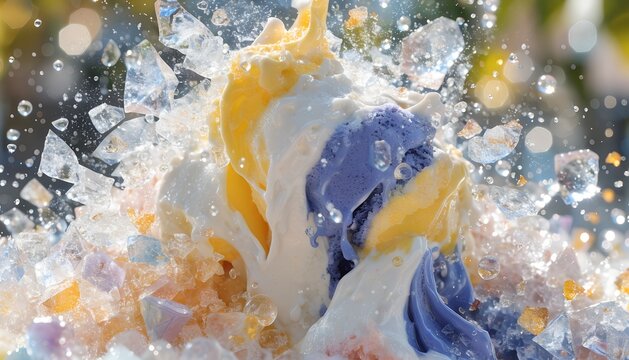 Refreshing scoops of creamy ice cream are captured in this dynamic photograph exploding with scattered ice shards and sparkling water droplets against a bright sunny backdrop