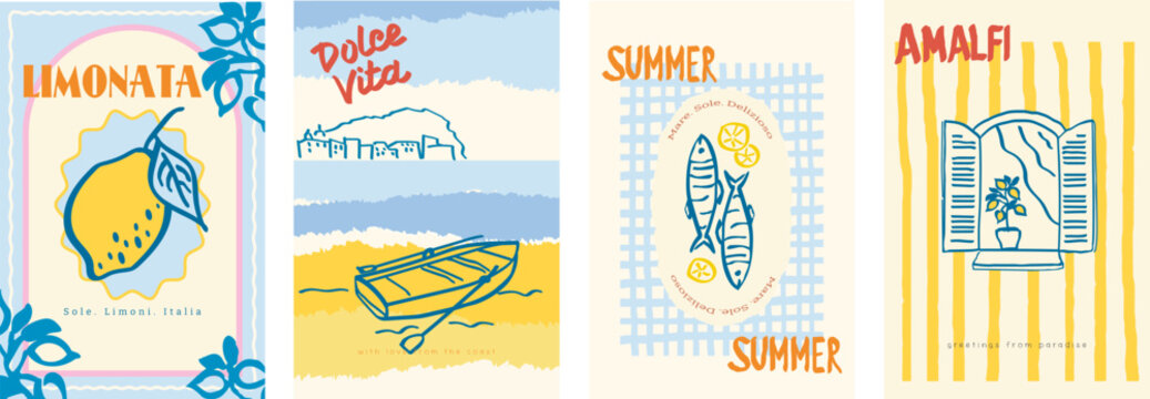 Collection of Minimal Amalfi Coast Travel Posters with Lemon, Boat, Window and Mediterranean Summer Elements in Hand Drawn Retro Italian Style