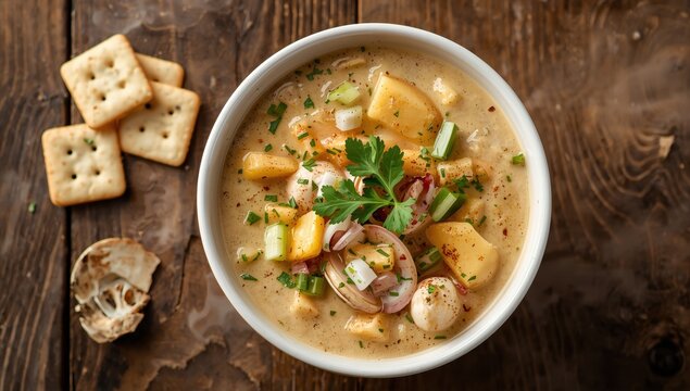New England Clam Chowder is a rich, creamy soup from the U.S., typically made with clams, potatoes, onions, and celery.