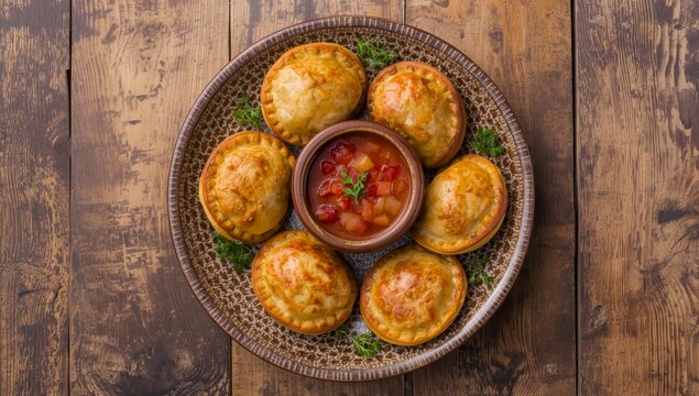 Warm finger foods served in a rustic style. Overhead view of gourmet crispy meat empanadas accompanied by criolla sauce on a textured plate.