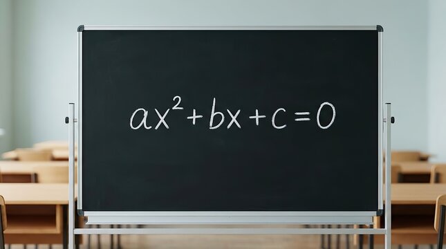 Quadratic Equation on Classroom Blackboard with Desks.