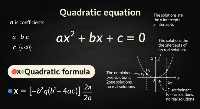 Quadratic Equation Formula with Graph and Solutions Illustration.