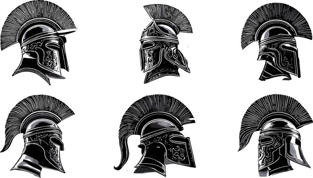 Ancient Spartan Gladiator Helmet Vector Icon Set Featuring Detailed Greek Roman Warrior Crests for Mascot Tattoo and Team Logo Graphic Designs