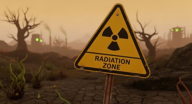 Radiation warning sign in desolate landscape.