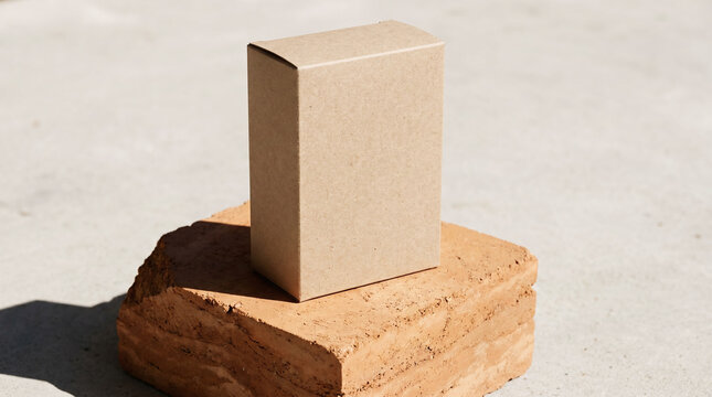 Minimalist Kraft Cardboard Box Mockup on Terracotta Rammed Earth Block