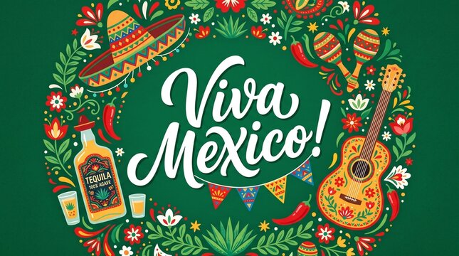 Viva mexico wreath illustration with fiesta elements, a green circular illustration features