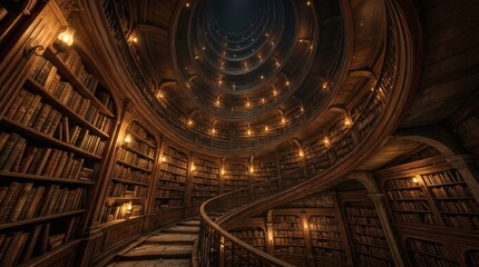 Obraz premium Spiral staircase in a large library with bookshelves and lights.