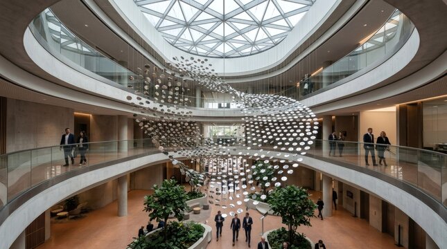 A large atrium with people and a sculpture.