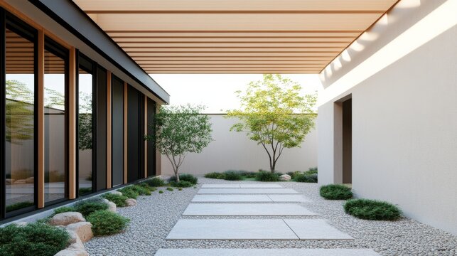 Sunlit Modern Courtyard Tranquil pathway with minimalist stepping stones, gravel, glass facade and a slatted wood canopy, harmonizing nature and contemporary architecture., Biophilic,