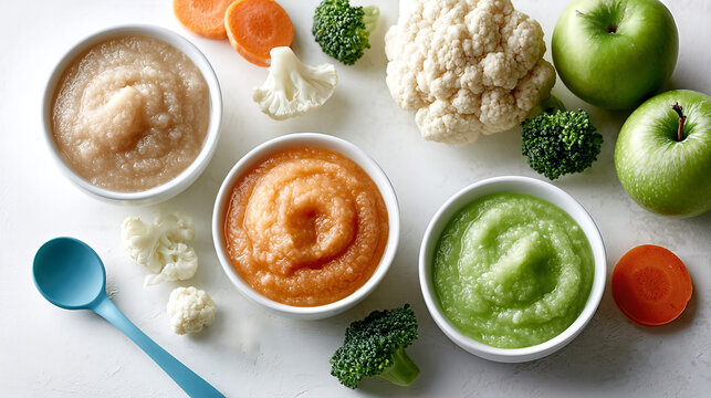Healthy Baby Food Options: Fresh Produce Purees and Whole Foods on a White Table