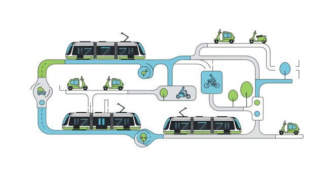 Sustainable City Infrastructure Illustration featuring Public Transport Trams, Electric Scooters, and Bicycle Lanes for Modern Urban Mobility and Eco-Friendly Transit