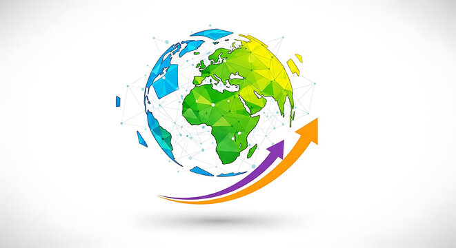 Low poly globe with colorful arrows orbiting the earth isolated on a transparent background