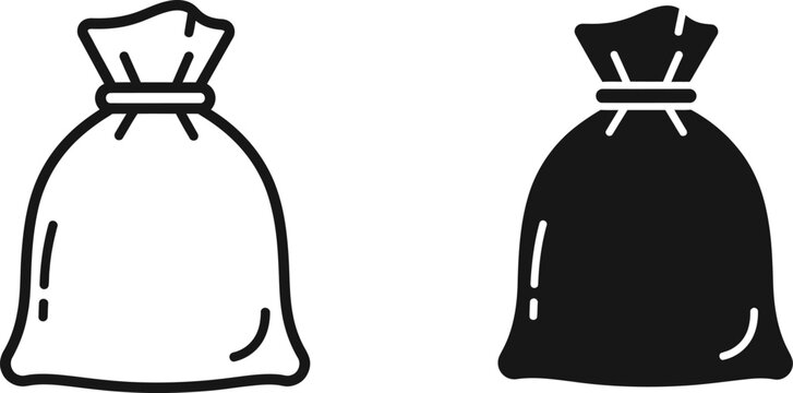 Two simple drawstring bags one outlined and one solid black isolated on white background
