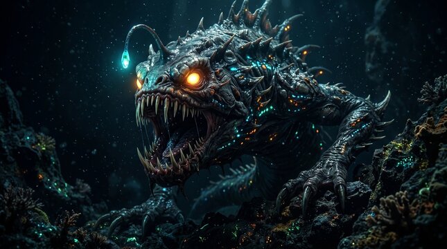 Fierce deep sea predator with glowing eyes and sharp teeth stalks through the dark ocean depths in this highly detailed and cinematic underwater monster creature photograph