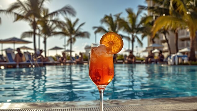 Aperol spritz in a glass with an orange slice by a resort pool, featuring a stylish goblet of sparkling wine and orange juice against blue outdoor water. Leisure and travel.