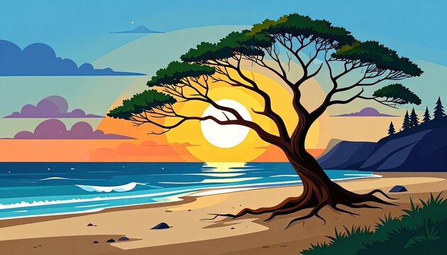 Serene beach tree at sunset ocean.