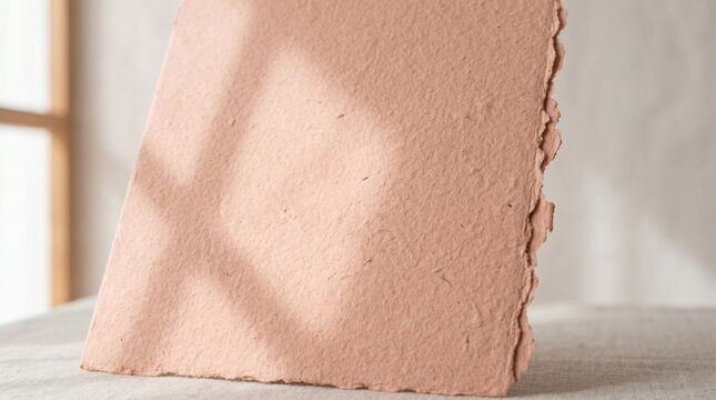 Handmade textured paper sheet with deckle edge in soft pink color