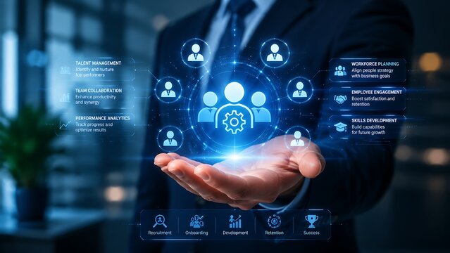 Hand holding digital workforce management interface with employee icons