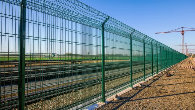 Green steel lattice wire fence. Industrial grid panels, PVC metal. Sectional fence setup. Welded mesh installation for property enclosure.