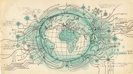 Obraz premium Global Data Network Line Art – Minimalist Continuous One Line Illustration of Globe with AI Communication and Data Flow Connections
