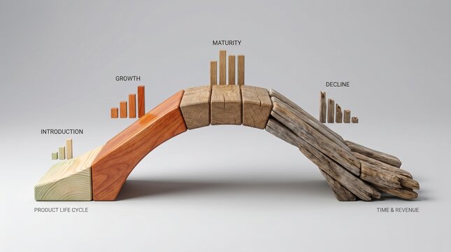 Product Life Cycle concept depicted as an arching wooden bridge with bar charts illustrating introduction growth maturity and decline stages 16 : 9