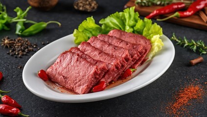 Fototapeta premium Corned beef slices on a white plate with lettuce, dried chilies, and spices against a dark slate backdrop.