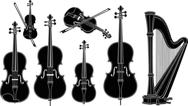 Classical String Musical Instruments Silhouette Vector Set Featuring Violin Cello Double Bass and Harp Details for Orchestra Concert Graphic Designs