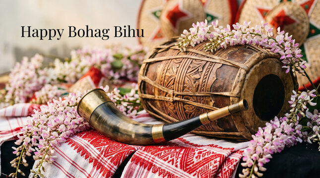 Bohag Bihu Dhol Pepa Gamusa Kopou Flower Cultural Documentary Photo, Happy Bohag Bihu
