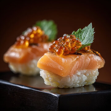 Delicious salmon nigiri sushi topped with shining orange ikura salmon roe caviar and fresh green shiso leaf served on a traditional black wooden plate over a dark elegant restaurant background