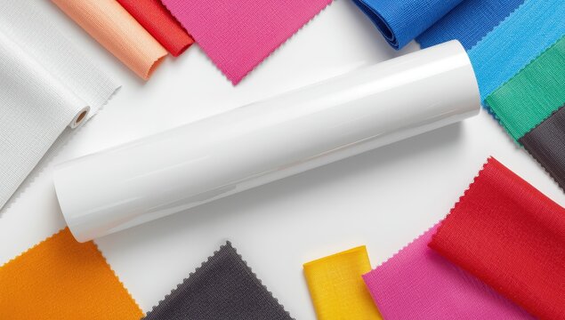 White flexion roll on a plain backdrop. Textile samples with a fibrous feel. Banner material for digital printing.