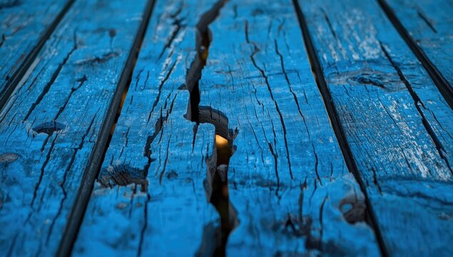 An up-close look shows heavily worn blue wooden planks that are splintered and cracked.