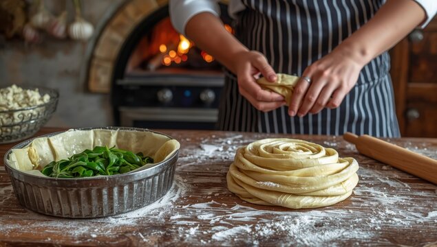 Classic Balkan 'Burek', a spiral pastry with Feta and Spinach, being prepared. A typical treat in Serbia, Bosnia, Turkey, Bulgaria, and Greece.
