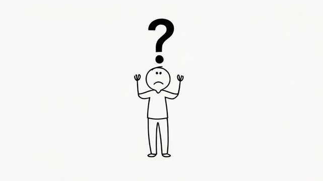 Simple black and white stick figure with questioning expression and large question mark illustration