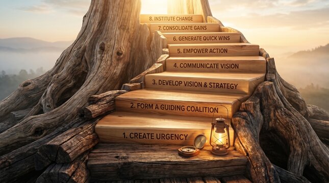 Kotter's 8-Step Change Model concept with a winding staircase carved into a tree trunk leading towards a bright light at the top 16 : 9