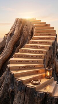 Kotter's 8-Step Change Model concept visualized as a winding staircase on a tree stump 9: 16