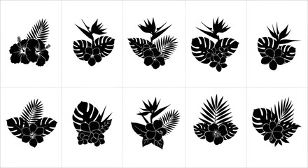 Tropical floral silhouettes with palm leaves and exotic flowers on white background © Prema