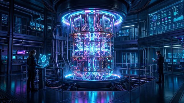 Scientists monitor a glowing fusion reactor core inside a high tech laboratory in this cinematic digital photograph capturing advanced energy research and powerful industrial innovation processes