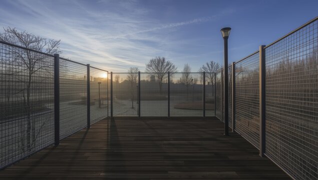 Metal pipe railings with steel cable mesh. Stainless steel fencing. Wooden dance floor in the park at sunrise on a chilly winter day.